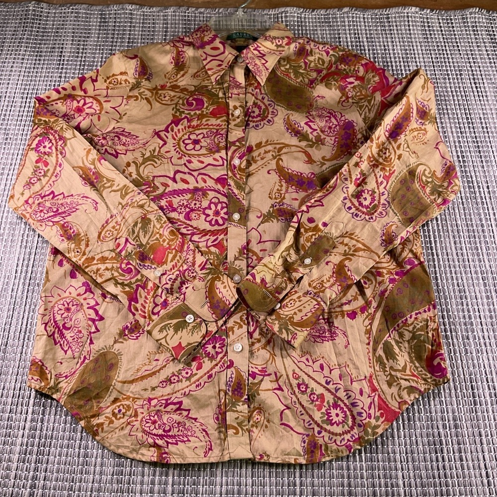 Lauren Ralph Lauren Womens Taupe Paisley Cotton Button Down Shirt Blouse Medium